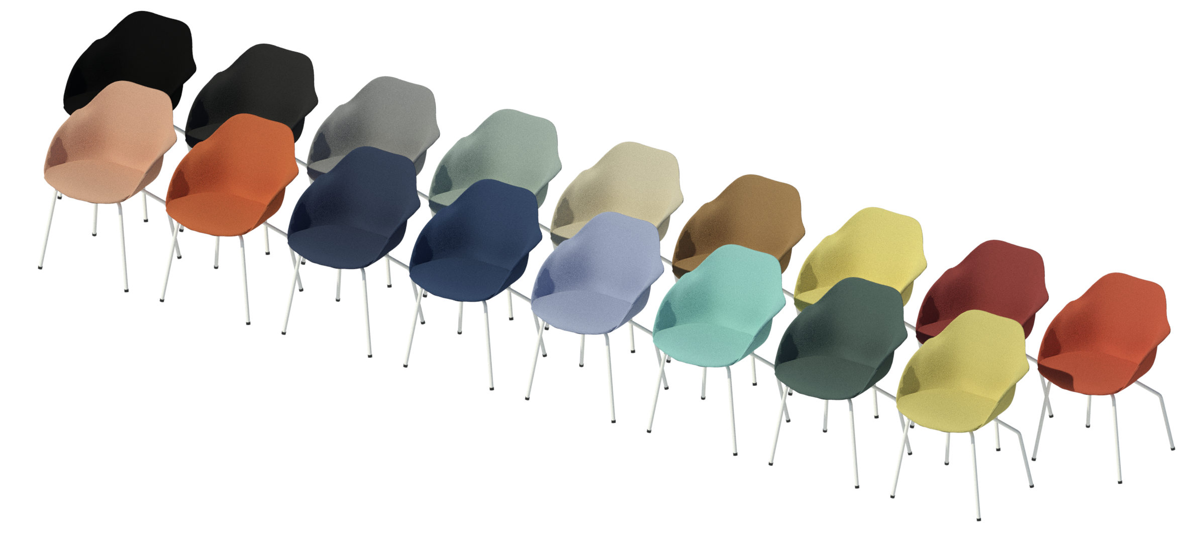 13 Yonda chairs with tubular base shown in Lona material group.